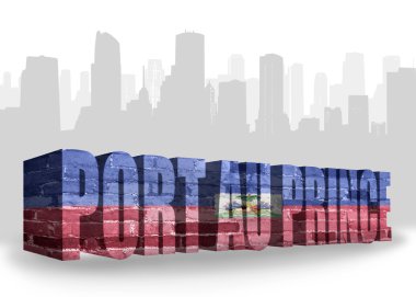 text port au prince with national flag of haiti near abstract silhouette of the city