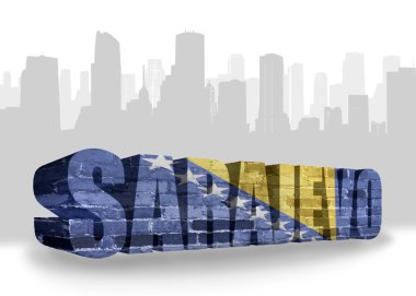 text sarajevo with national flag of bosnia and herzegovina near abstract silhouette of the city 