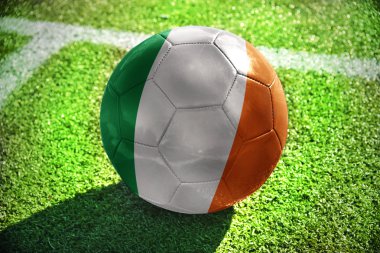 Futbol topu ile İrlanda'nın ulusal bayrak beyaz satırı yakınlarında yeşil alan üzerinde yatıyor