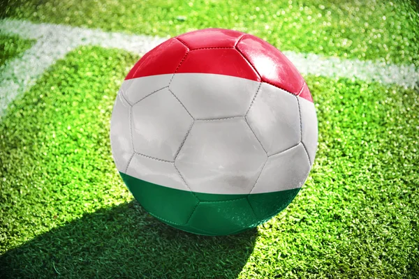 Football ball with the national flag of hungary on the field — Zdjęcie stockowe