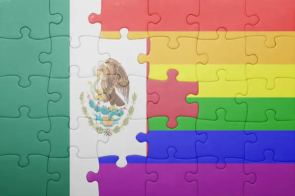 Puzzle with the national flag of mexico and gay flag — Stock Photo, Image