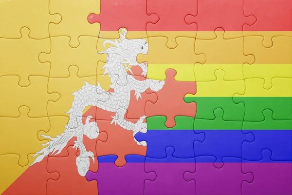 Puzzle with the national flag of bhutan and gay flag — Stock Photo, Image