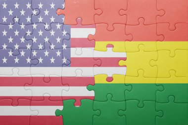 puzzle with the national flag of united states of america and bolivia 