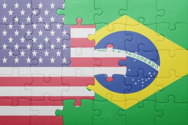 puzzle with the national flag of united states of america and brazil 