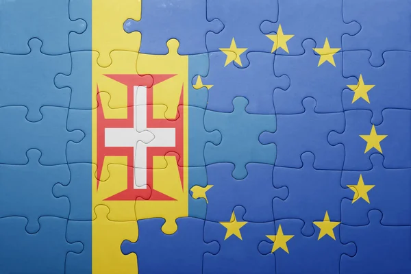 Puzzle z flagi narodowej Madery i Unii Europejskiej — Zdjęcie stockowe