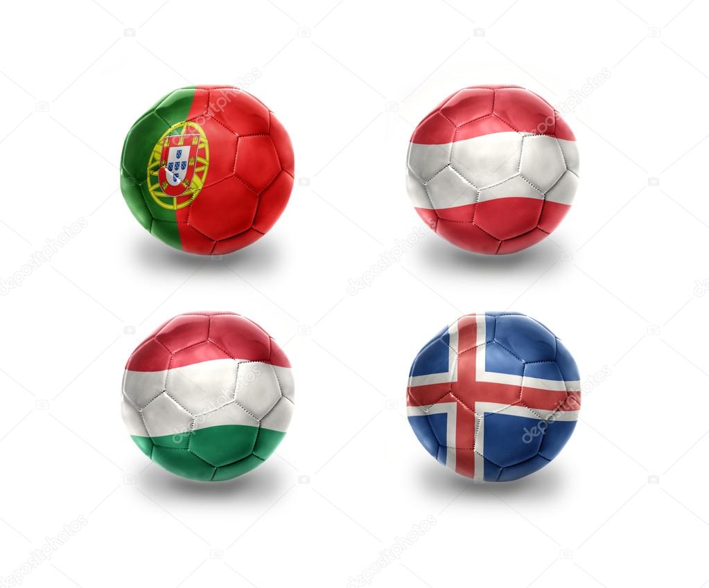 euro group F. football balls with national flags of portugal, austria, hungary, iceland