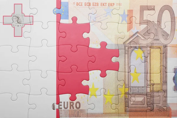 Puzzle with the national flag of malta and euro banknote — Stock Photo, Image