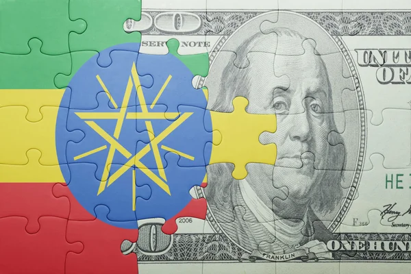 Puzzle z flagi narodowej z Etiopii i Dolar banknotów — Zdjęcie stockowe