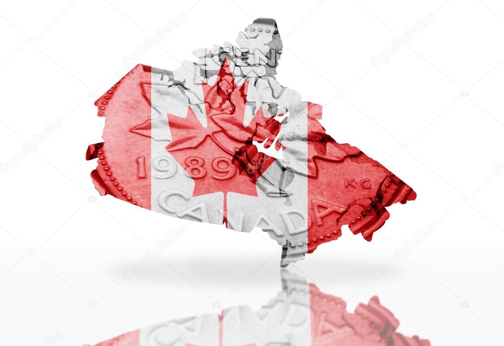 map of canada on the canadian coin texture with canadian flag
