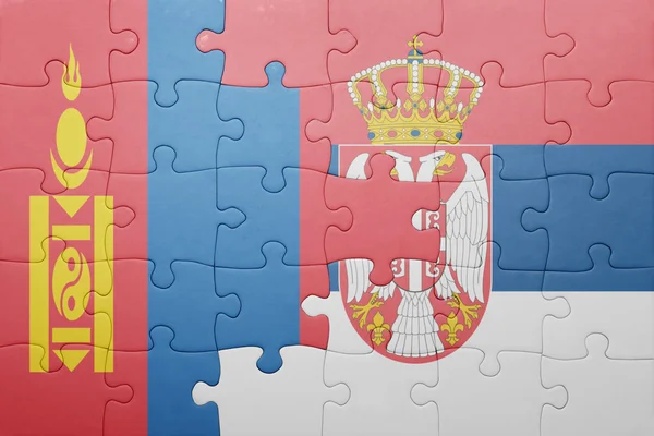 Puzzel met de nationale vlag van Mongolië en Servië. concept — Stockfoto