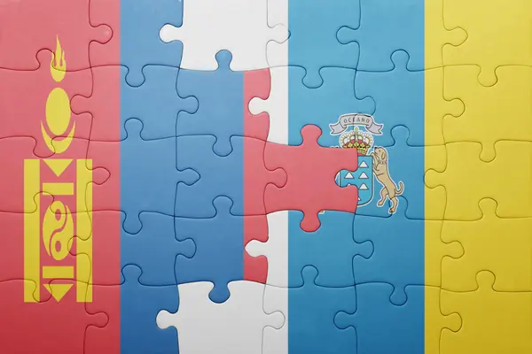 Puzzle s národní vlajka Kanárských ostrovů a Mongolsko — Stock fotografie