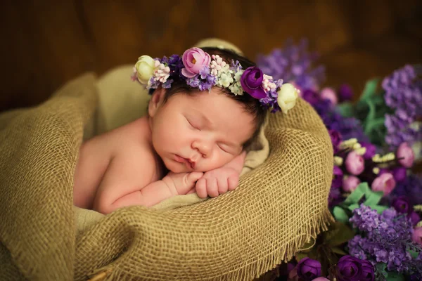 Bela menina recém-nascida com uma grinalda roxa dorme em uma cesta de vime — Fotografia de Stock