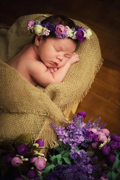 Sweet dreams of newborn baby. Beautiful little girl with lilac flowers — Stock Photo, Image
