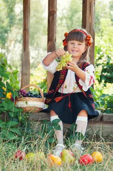 Kız meyve bahçesinde oturan Ulusal Ukrayna kostüm — Stok fotoğraf