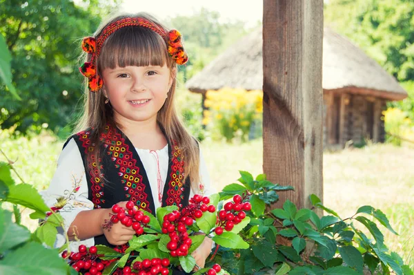 Dívka v věnec a oblek s ukrajinskou ornament na venkově s dřevěnými domy — Stock fotografie