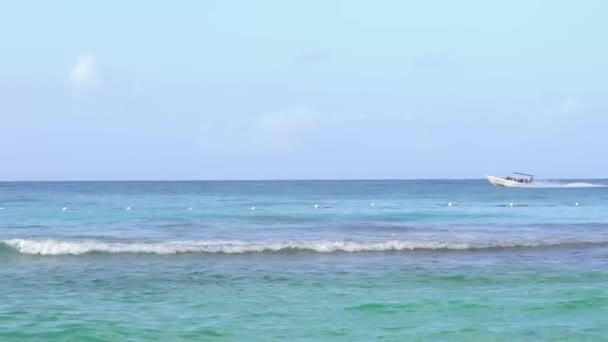 Motorbåten seglar snabbt vid horisonten över vågorna i havet. Res till havet. Karibiska kusten Dominikanska republiken — Stockvideo