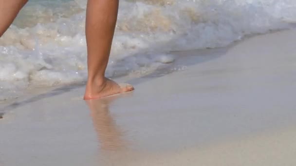 Close-up de jovens mulheres descalços estão andando ao longo da praia. As ondas do mar chegam a terra. Conceito de lazer e caminhada — Vídeo de Stock