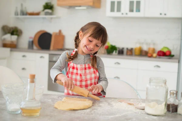 Cute Little Year Old Girl Pigtails Rolls Out Dough Rolling — Stock Photo, Image