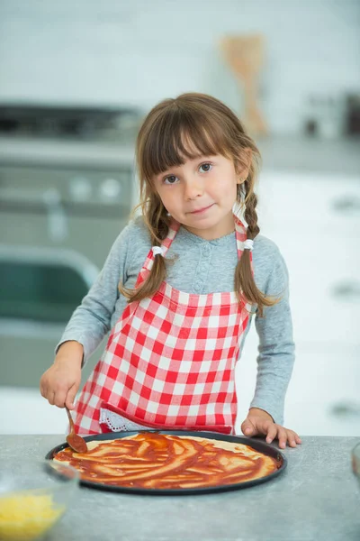 Funny Little Girl Pigtails Checkered Apron Prepares Pizza Her Own — Stock Photo, Image