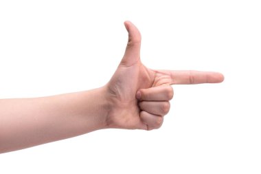 Bir kişinin eli işaret parmağını bir tabanca gibi öne doğru tutar. Jest ve vücut dili. Hedef, atış, tehlike konsepti.