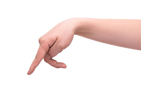 One person's hand points the index finger at object to draw attention. Gestures and body language. The concept of referral, advertising and ordering.