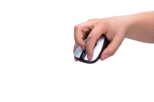 Hand Hält Computermaus Isoliert Auf Weißem Hintergrund — Stockfoto