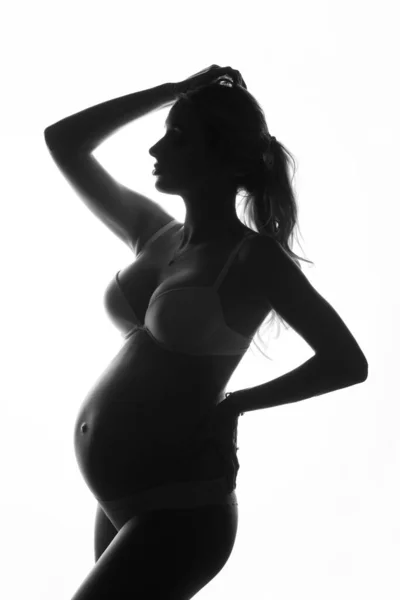 Silhouet Van Een Mooie Jonge Zwangere Vrouw Voor Een Raam — Stockfoto