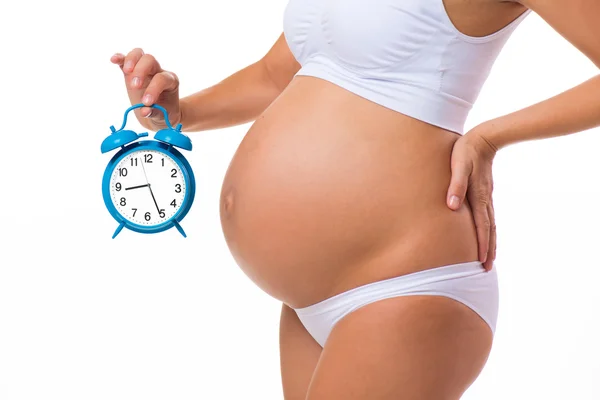 Счастливой беременности. Беременный живот с будильником. Концептуальный образ. Скоро роды. Развитие плода по месяцам — стоковое фото