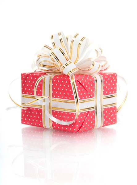 Gift with white bow on a white background — Stock Photo, Image