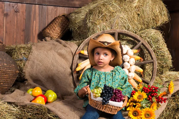 牛仔帽坐在用水果干草周到非洲小姑娘 — 图库照片