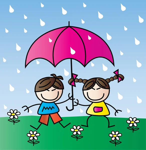 Két aranyos gyerek az esőben — Stock Vector
