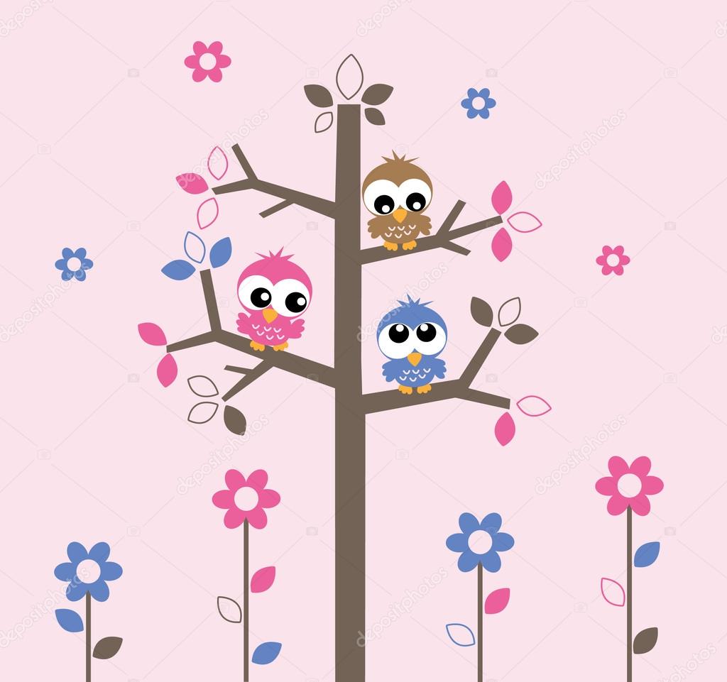 Three sweet owls in a tree