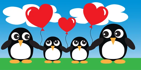 Eine süße Pinguinfamilie mit Luftballons — Stockvektor