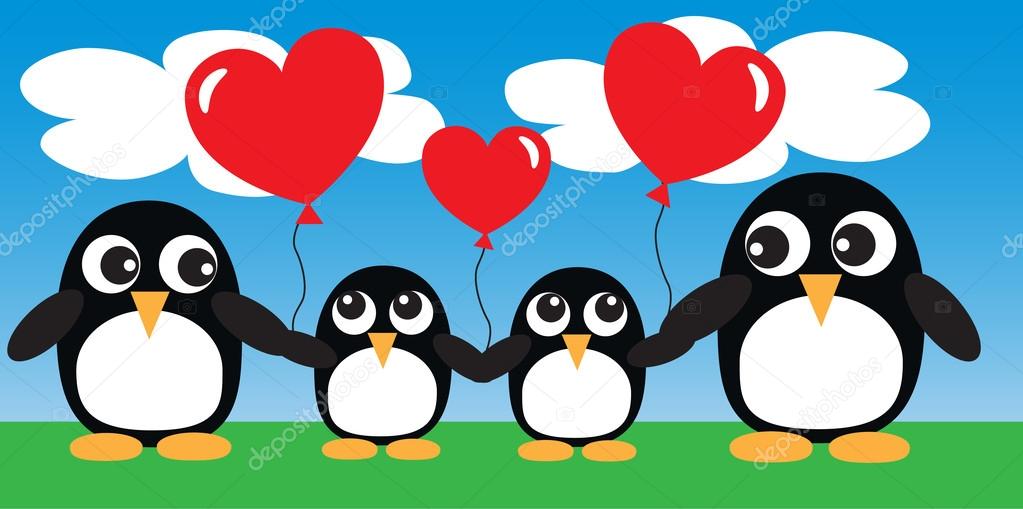 A sweet penguin family with balloons
