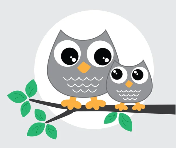 Two sweet grey owls sitting on a branch — Stock Vector