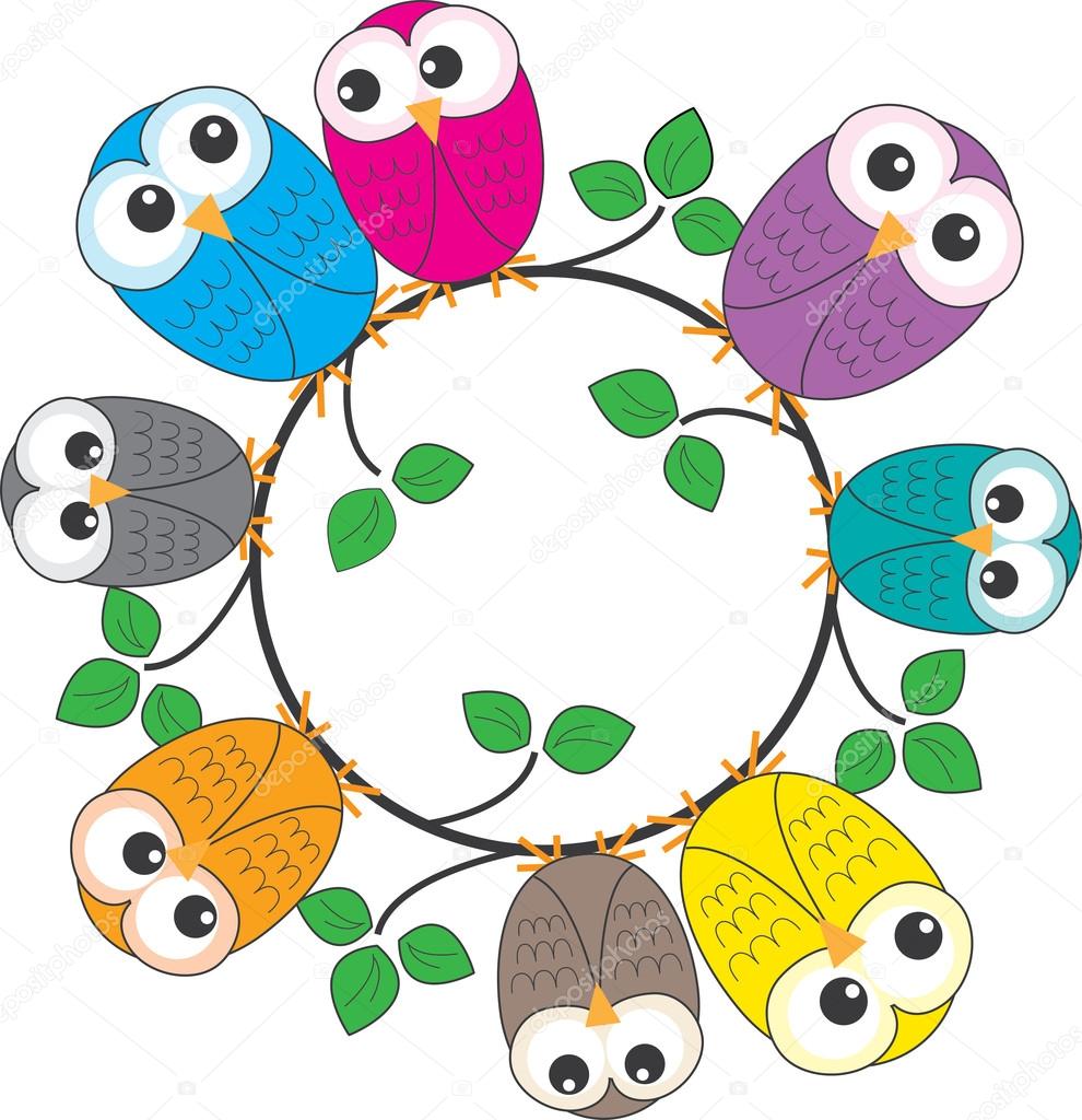 A frame of colorful owls