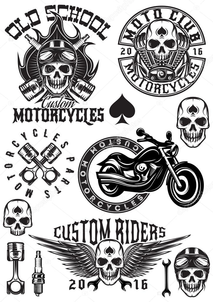 Set of vector badges, logos, design elements on a theme motorcycles with skulls