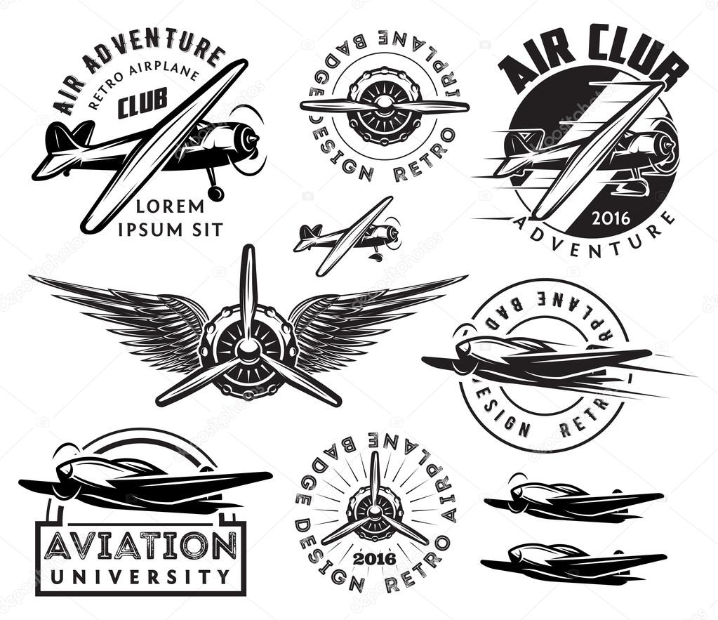 Retro pattern set of monochrome planes, badges, design elements