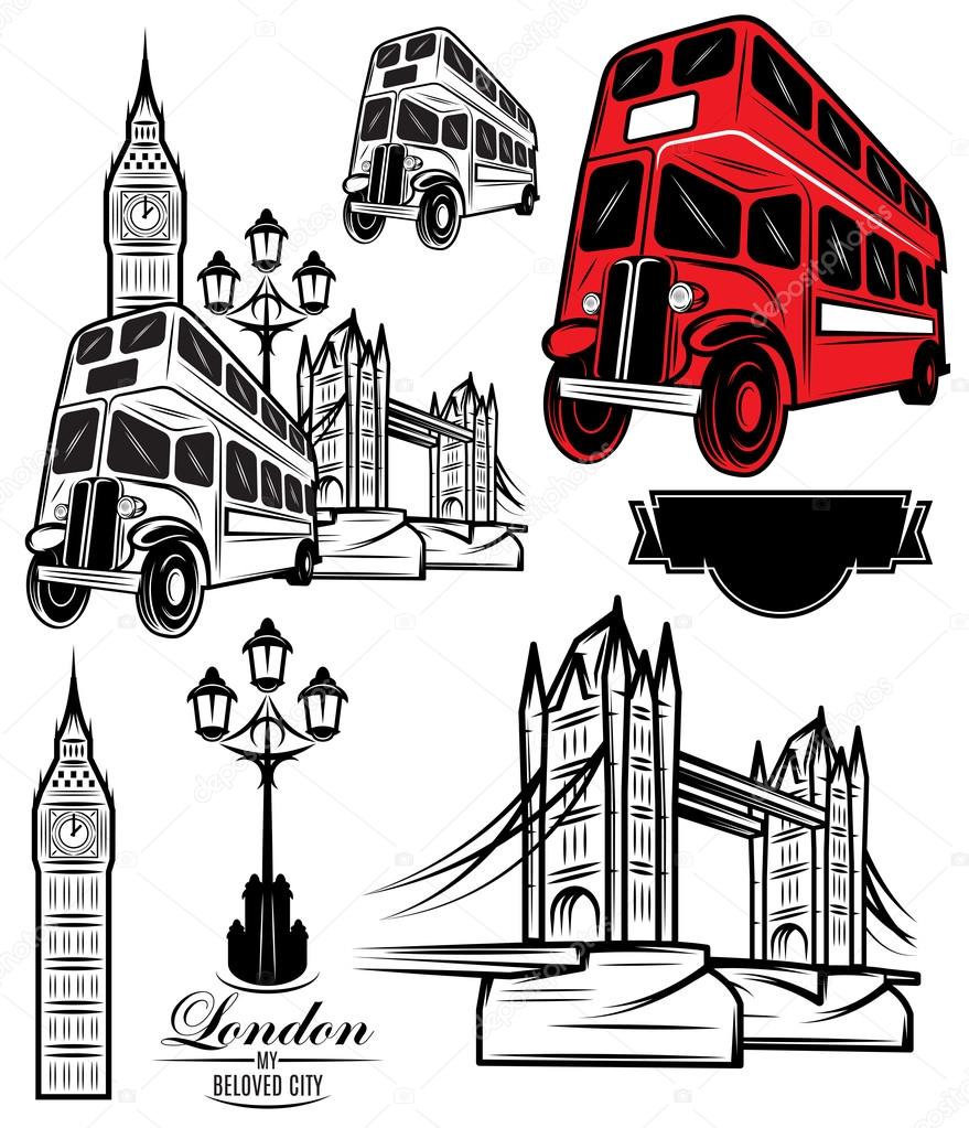 Set of vector templates London attractions and transport for design