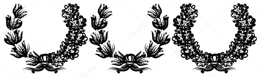 Set of three vintage wreaths. Laurel and oak leaves. Elements for design. Monochrome vector illustration.