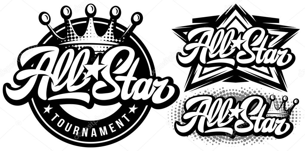 Set of monochrome templates with calligraphic inscription All Stars. Vector editable illustration. Element for business card design, style, website, print on a t-shirt.