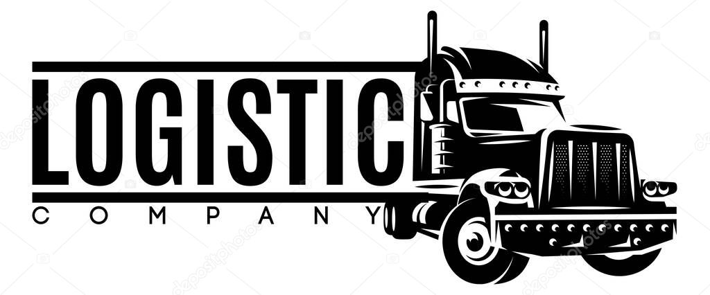 Monochrome template with a truck for long-distance transportation of goods. The topic of large-scale delivery and logistics. Design element for business cards, flyers, advertisements, webdesign.