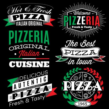 pizza için yazıtlı rozetleri vektör kümesi