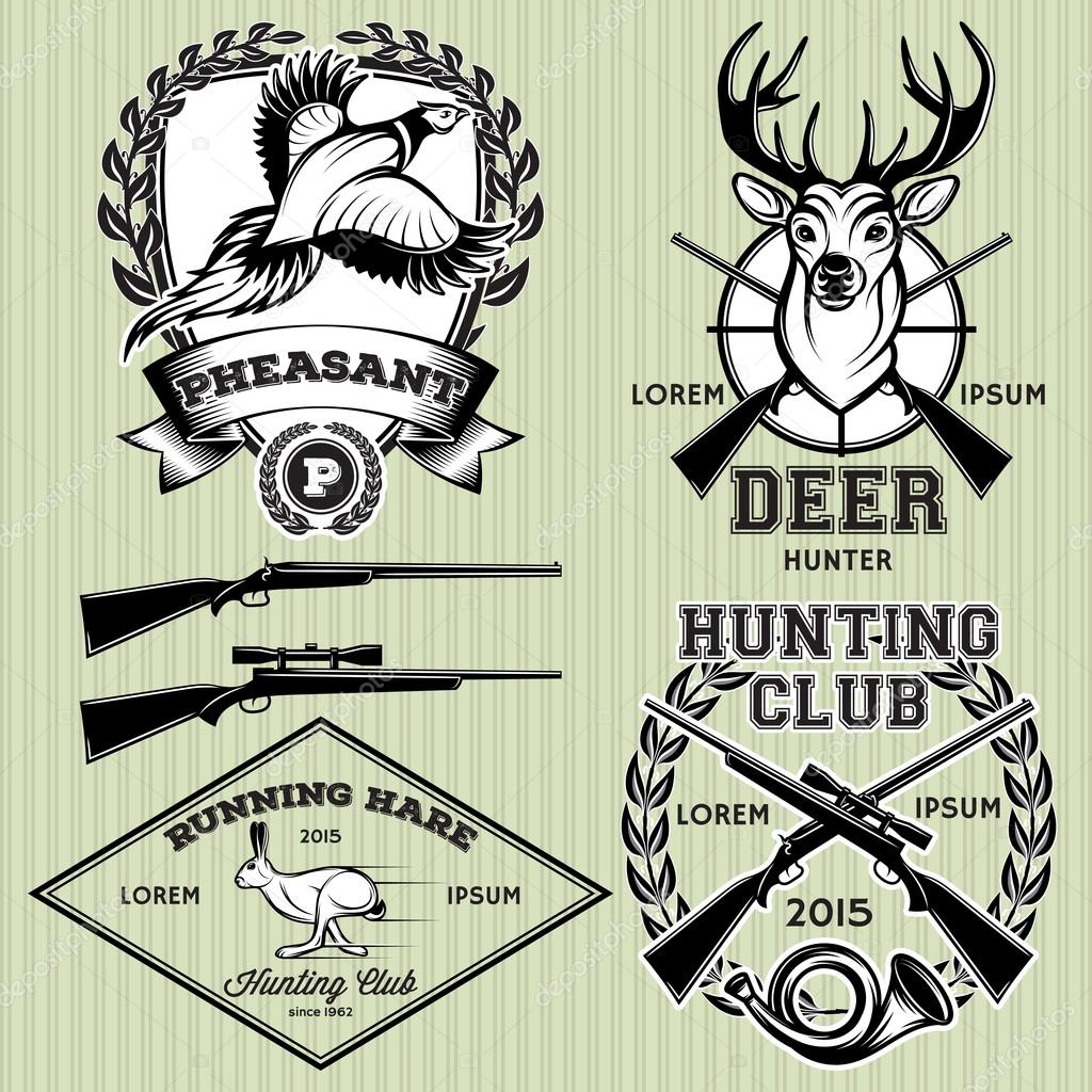 Set of vector emblems with a deer, hare, pheasant for hunting