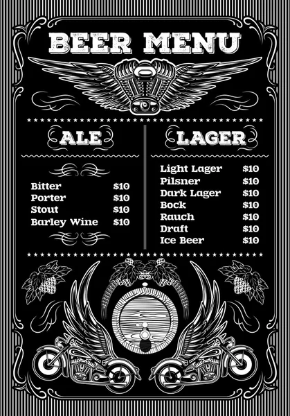 motosiklet ve kanatlar siyah zemin üzerine bira menü için şablon