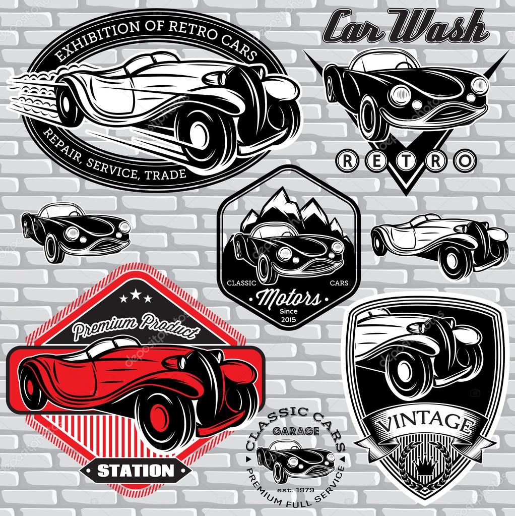 Set of vector emblems with retro car on wall