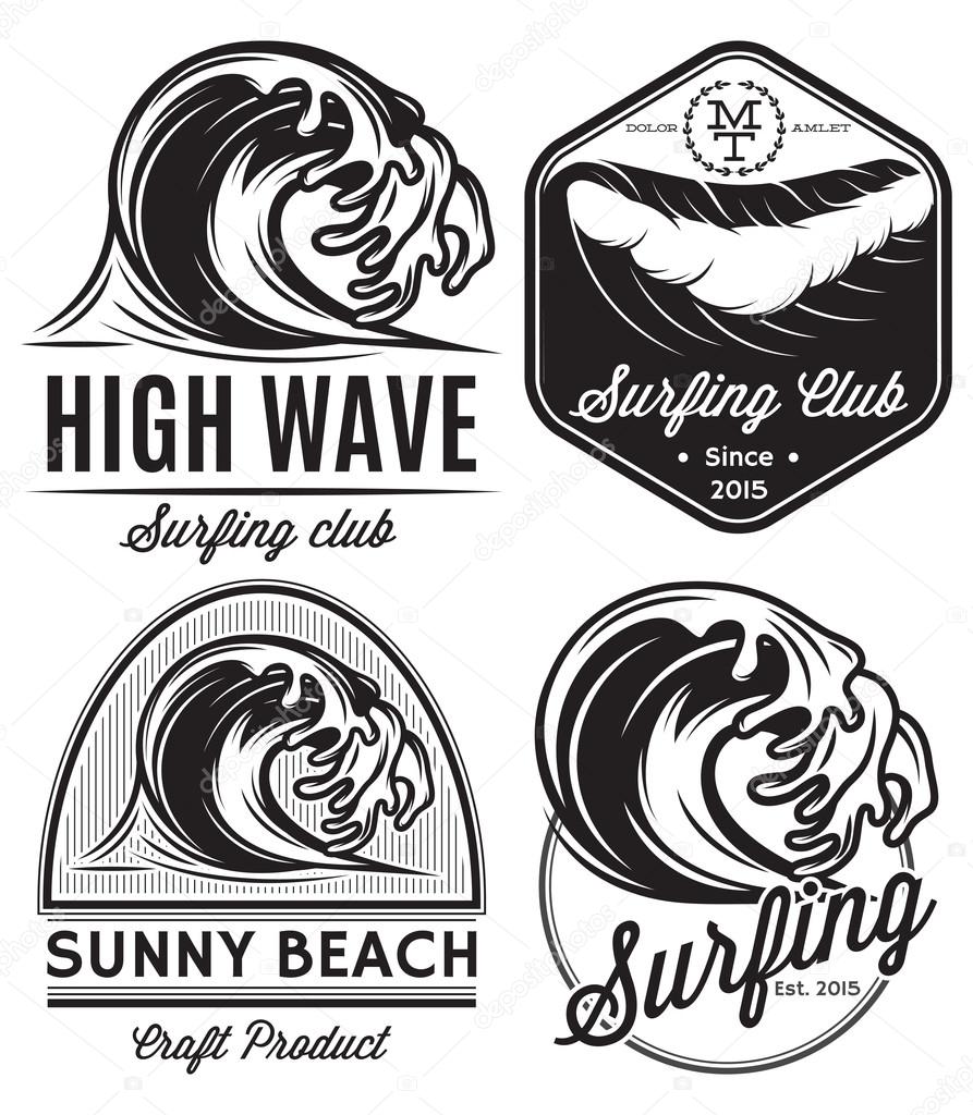 Set of vector patterns for design logos on the theme of water, surfing, ocean, sea