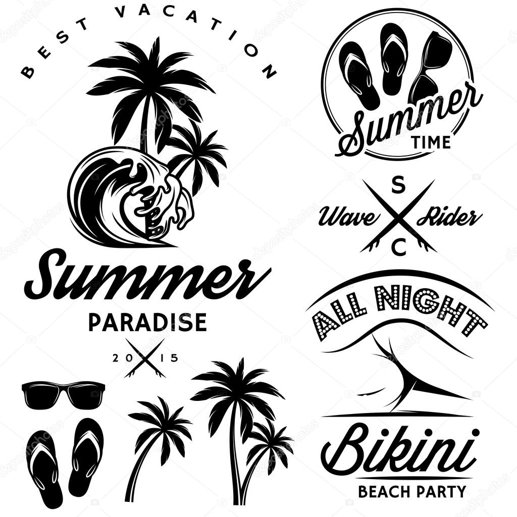 Emblem set for design to topic summer with bikini party, sunglasses, flip-flops