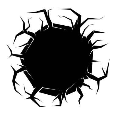 Vector black and white cracked hole with sharp broken edges symbolizing damage destruction impact explosion or collapse.