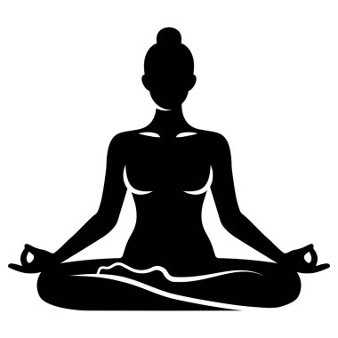 Silhouette of a woman meditating in lotus position with peaceful balanced posture and minimal monochrome yoga wellness illustration design.